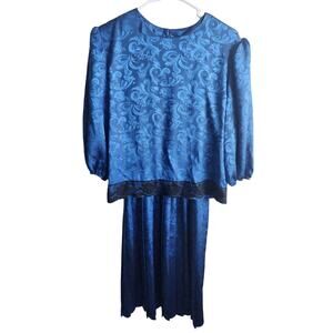 Vintage 1970s Tina Barrie Womens Sz L Formal Dress Blue Satin Floral
